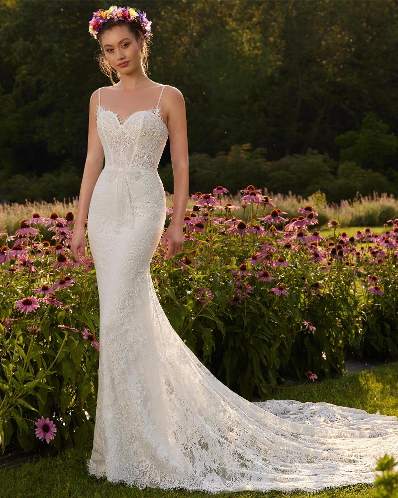 Lp2201 lace sheath wedding dress with sleeves and spaghetti straps2
